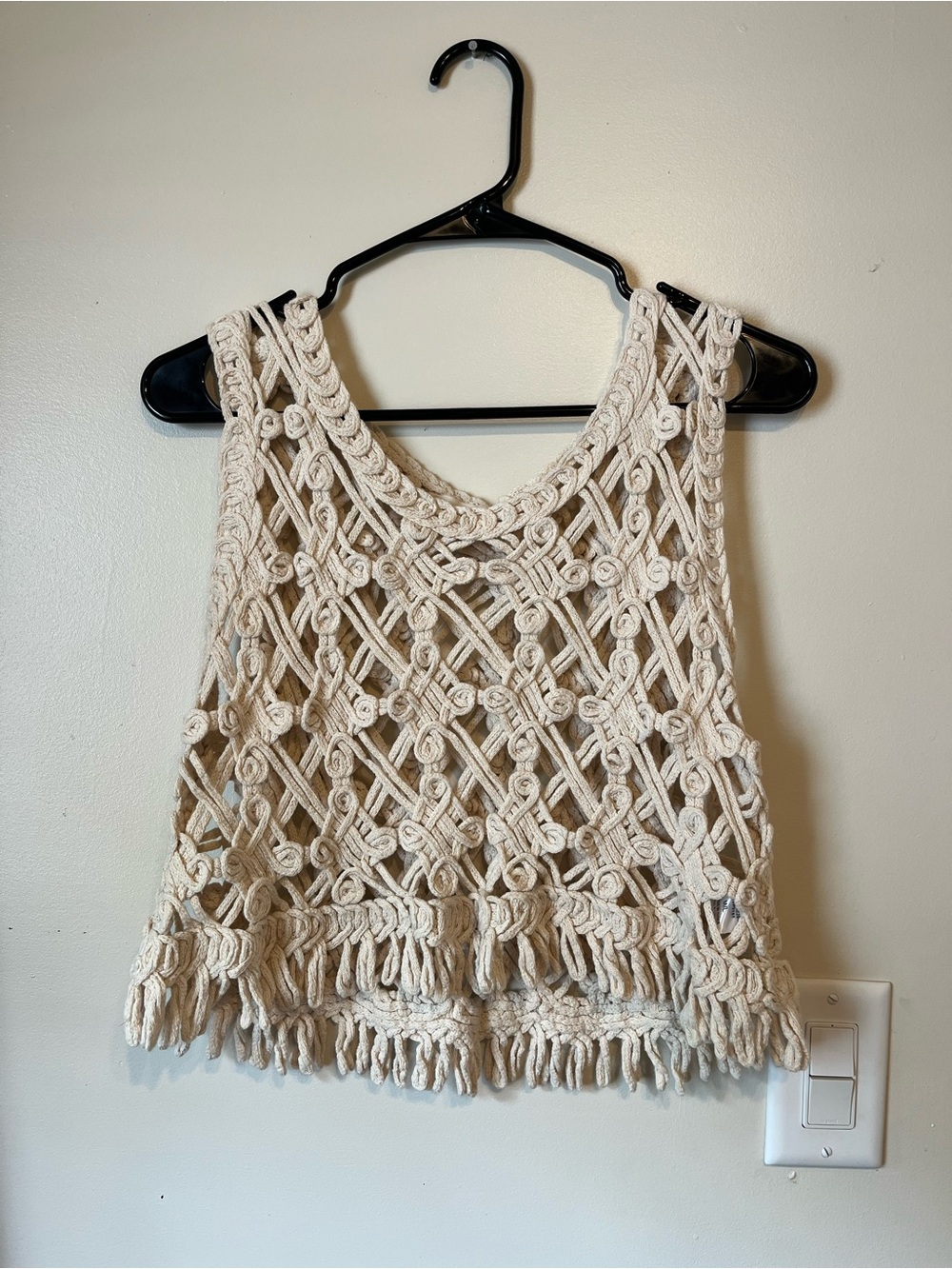 Boutique Crochet Fringe Tank Top - Cream Macramé Knit